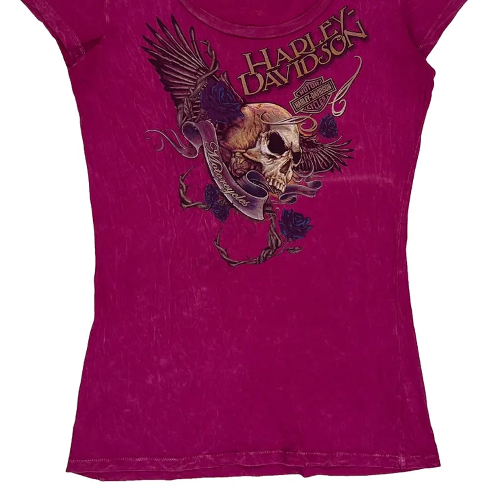 Skull With Wings And Roses Harley Davidson Graphic T-Shirt - Medium Pink Cotton