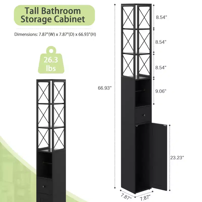 Black, Slim Tall Bathroom Storage Cabinet with Drawer & Adjustable Shelves, 1-Person