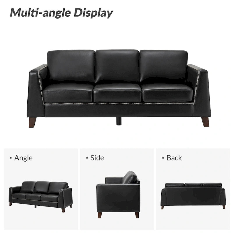 81.5 Inch Genuine Leather Tuxedo Arm Sofa with Solid Wood Legs