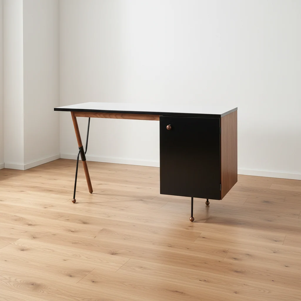 Mid-Century White & Walnut Desk with X-Frame Metal Legs & Side Storage Cabinet for Study