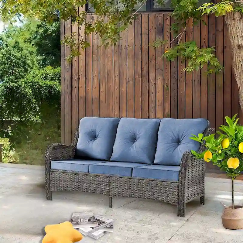 3 Seat Wicker Rattan High Back Curved Outdoor Patio Sofa with Cushions