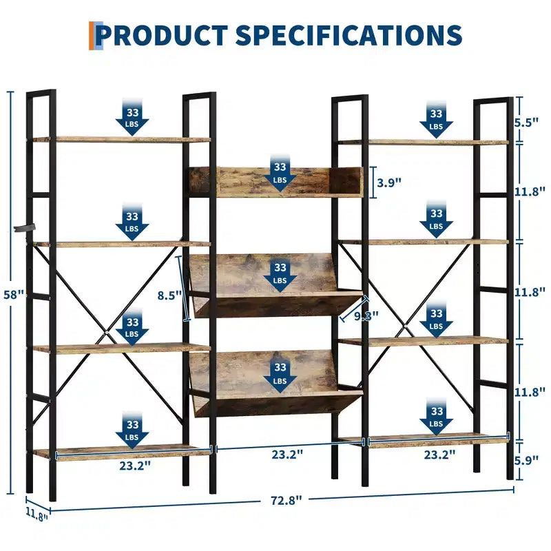 4-Tier Industrial Bookshelf, Triple Column Open Display, 72.8W