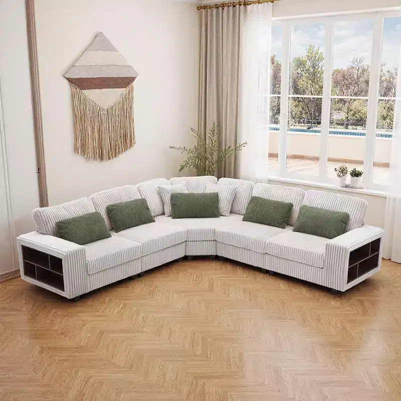 142 Modern L-Shaped Large Modular Sectional Sofa with Storage Armrest and Accent Pillows, Corduroy Sectional Sofa for Living Room-Panipeachy