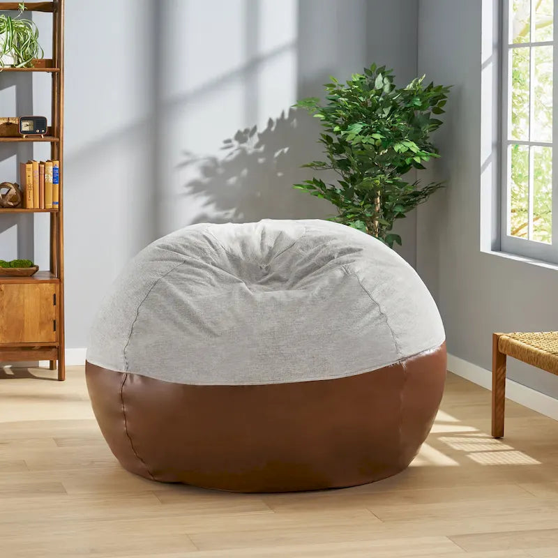 Modern 5 Foot Two Toned Fabric and Faux Leather Bean Bag