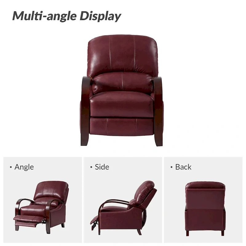 Alex Mid-century Modern Cigar Genuine Leather Manual Recliner with Wooden Curved Arms