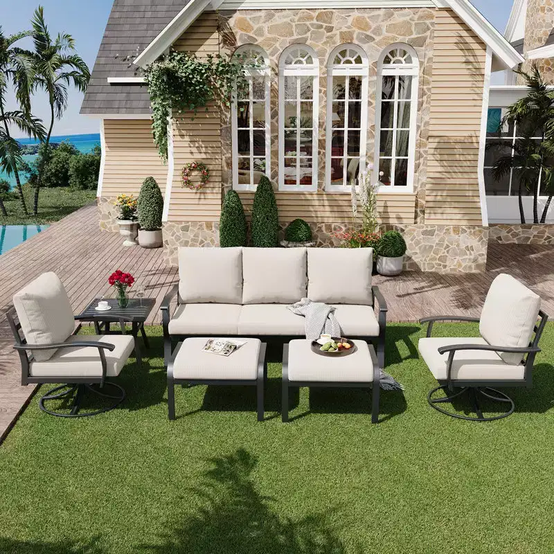 EROMMY 6 PCS Outdoor Metal Conversation Set With 360 Swivel Rocking Chairs, Sofa, &Ottoman For Patio, Garden, Deck Or Poolside