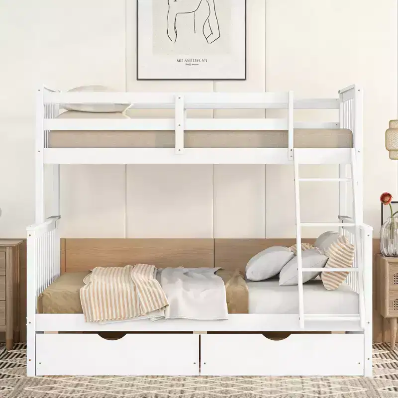 Modern Twin Over Full Wooden Bunk Bed with 2 Storage Drawers