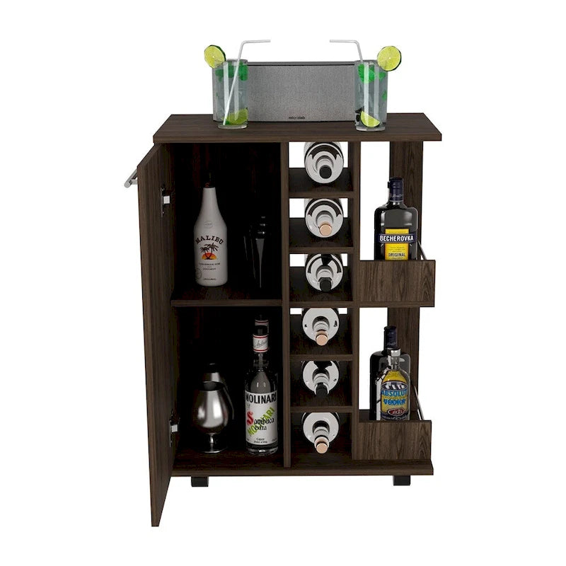 Rolling Bar Cart with Enclosed Cabinet 6-Bottle Wine Cubby and Open Bottle Shelves