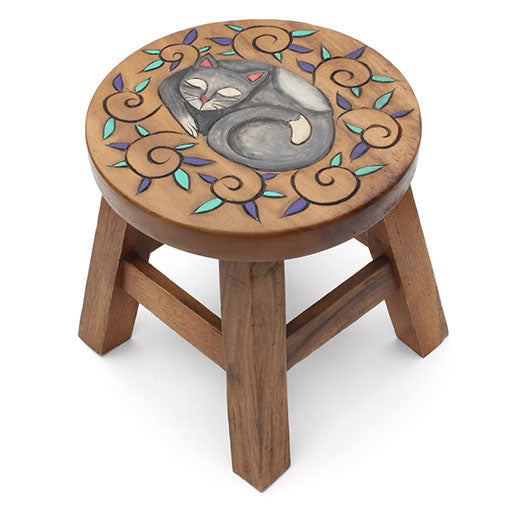 Curled Cat Carved Raintree Wood Stool