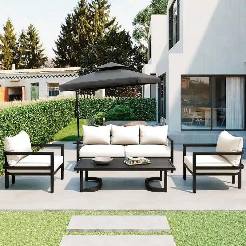 4-Piece Patio Furniture Set, Outdoor Sectional Sofa Set Steel Conversation Set with Loveseat, 2 Armchairs and Coffee Table