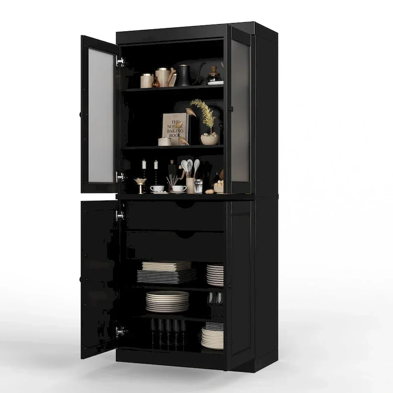 100% Solid Wood Pantry Cabinet with Frosted Glass Doors, Solid Doors, 2-Drawers and Adjustable Shelves