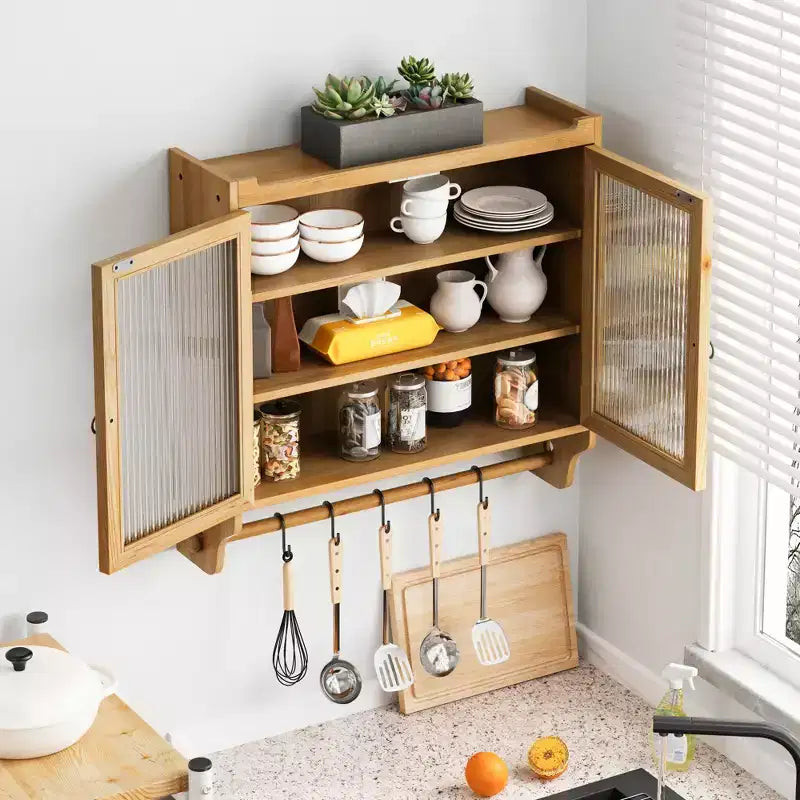 JVNOXK 24.8''Glass Door Vintage Double Door Wall Cabinet With Three Tiers of Storage With Towel Rack,for Bathroom, Kitchen,Dining Room,Natural