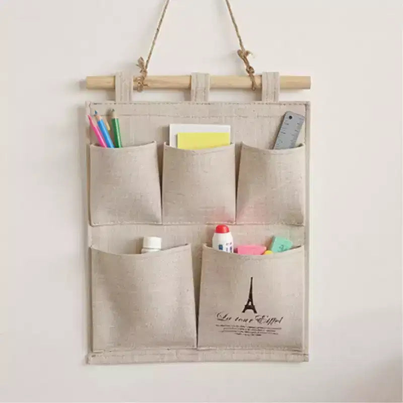 Hanging Wall Organizer with Eiffel Tower Print and Five Canvas Storage Pockets 12.5x9.5 in