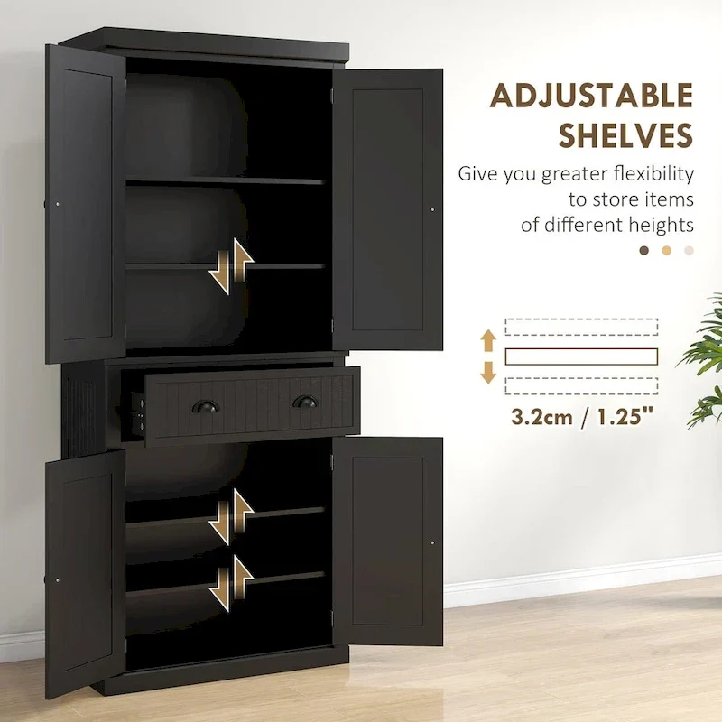 72 Kitchen Pantry Storage Cabinet, Traditional Freestanding Cabinet with 4 Doors and 3 Adjustable Shelves, Large Central Drawer