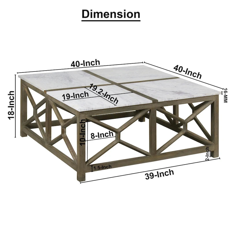Coffee Table, 40 Inch Square White Marble Top, Sandblasted Ash Gray Mango Wood Geometric Frame