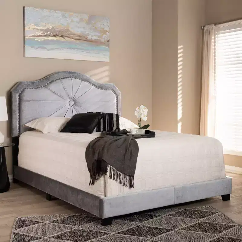 Queen Velvet Fabric Upholstered Bed Gray Modern Tufted Glossy Finish