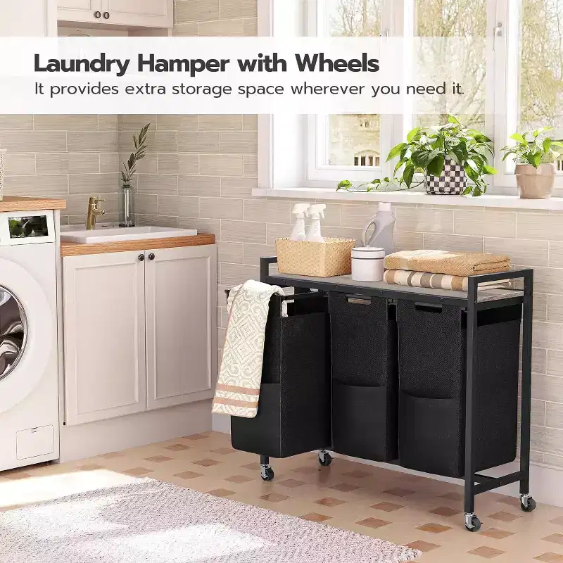 ACOINEL 3 Section Laundry Sorter, 311.5 Gal (43.4L) Rolling Laundry Hamper with Wheels, Greige & Black for Laundry Room Bathroom Bedroom