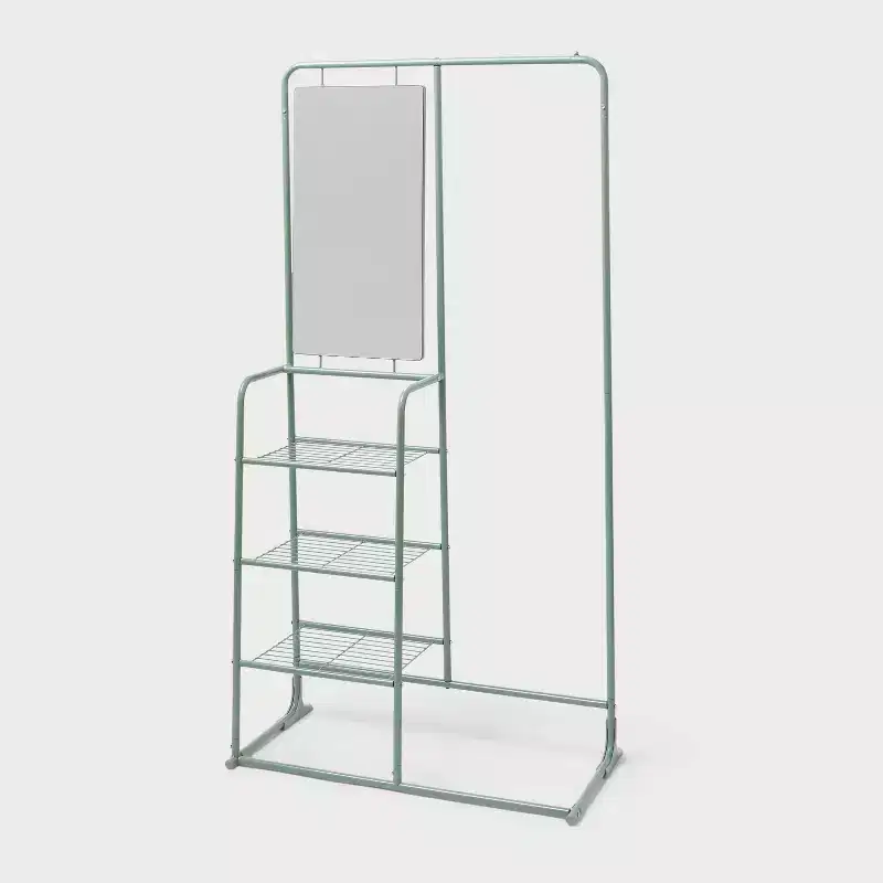 Metal Garment Rack with Mirror and Shelving