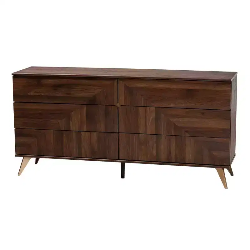 6-Drawer Mid-Century Dresser – Walnut Brown & Gold, Geometric Grain, Angled Legs