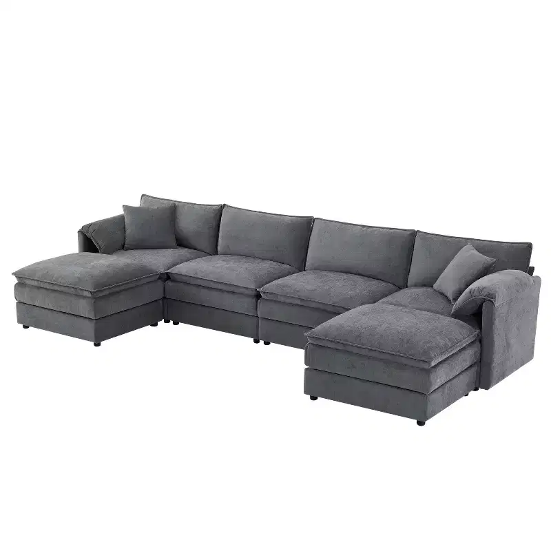 Polibi 6-Piece Chenille U-Shaped Modular Sectional Sofa with Dual Ottomans and Double-Layer Cushions