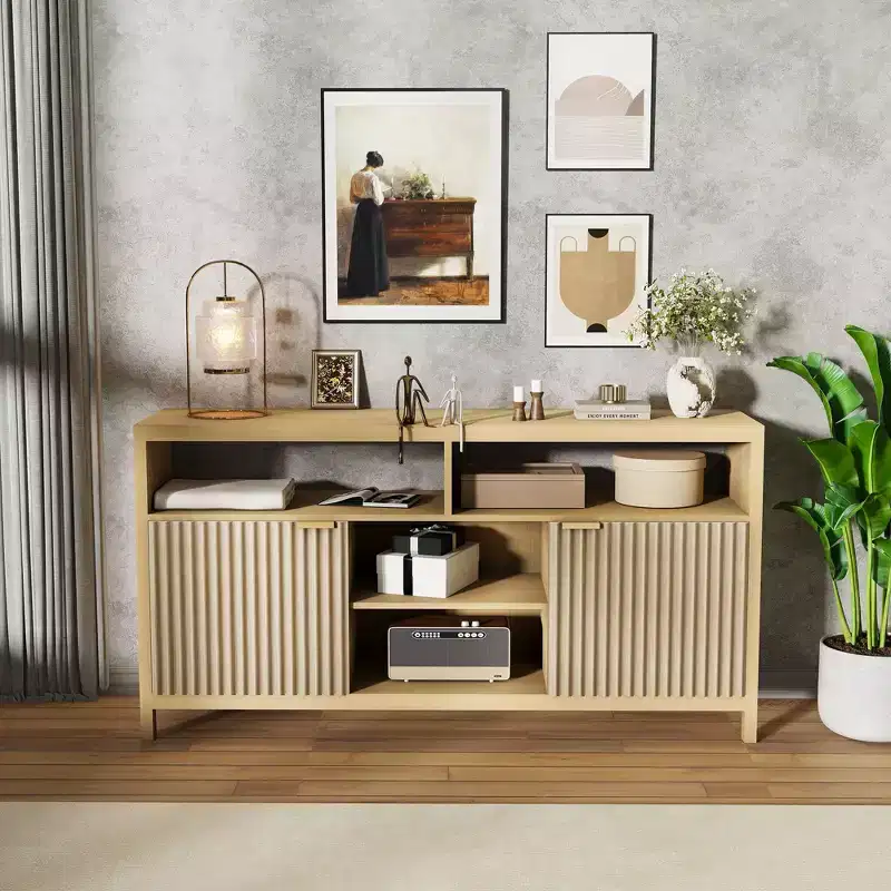 Slotted TV Console with Storage, Adjustable Shelves, Farmhouse-Style TV Stand, Slim Wooden Media Center for Living Rooms, Bedrooms, and Apartments