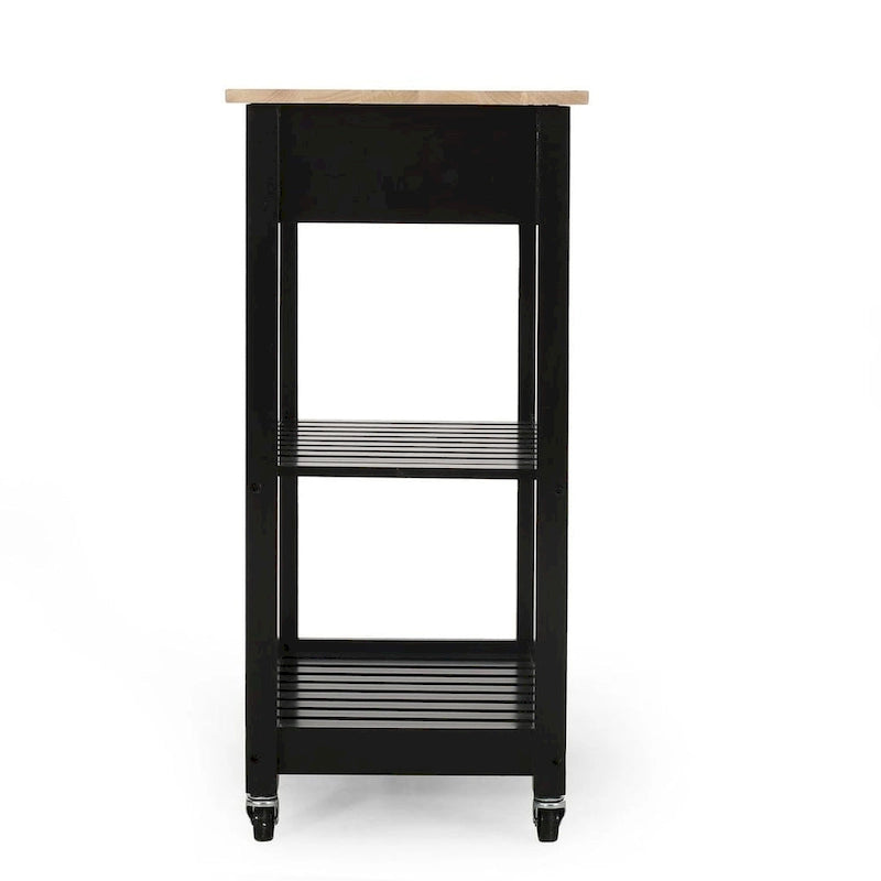 Compact Rolling Kitchen Cart with Rubberwood Top Drawer 2 Slatted Shelves and Towel Rack