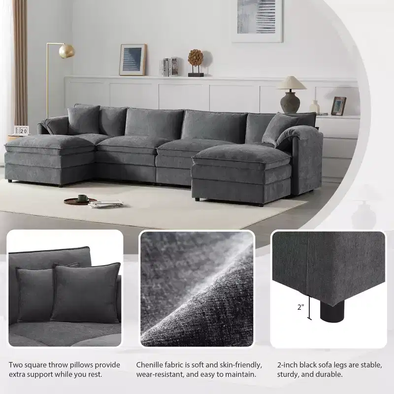Polibi 6-Piece Chenille U-Shaped Modular Sectional Sofa with Dual Ottomans and Double-Layer Cushions