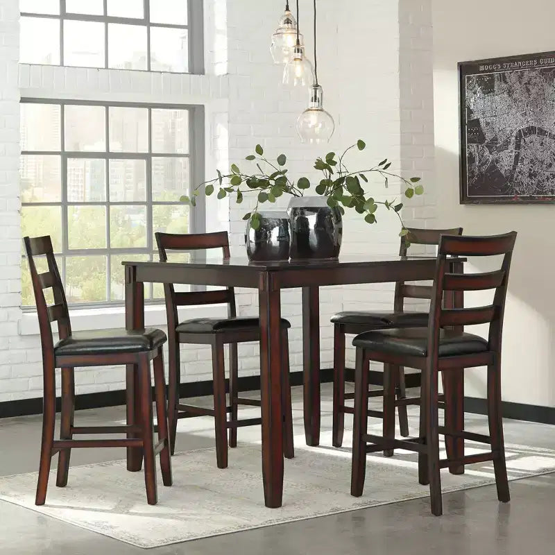 Coviar Counter Height Dining Table Set Brown - 5-Piece, Faux Leather Chairs, Wood Frame
