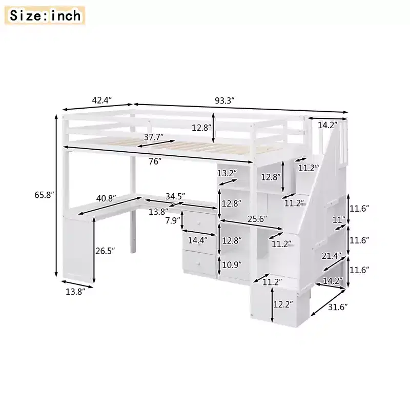 Twin Size Loft Bed with L-Shaped Desk, 3 Drawers, Cabinet, Staircase Storage, Solid Pine/MDF Build