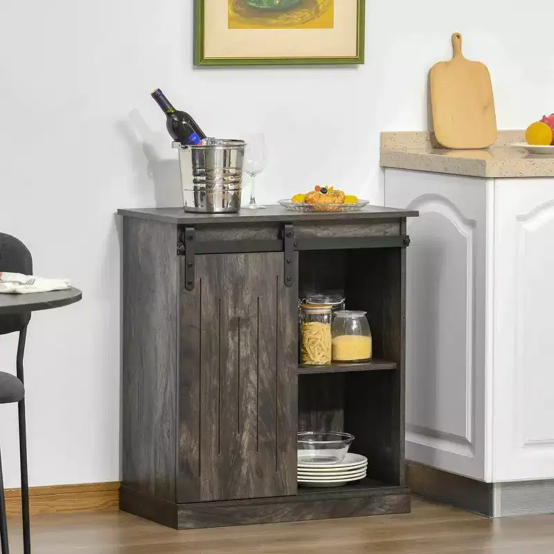 Industrial Sideboard Storage Cabinet with Sliding Barn Door & 6-Bottle Wine Rack