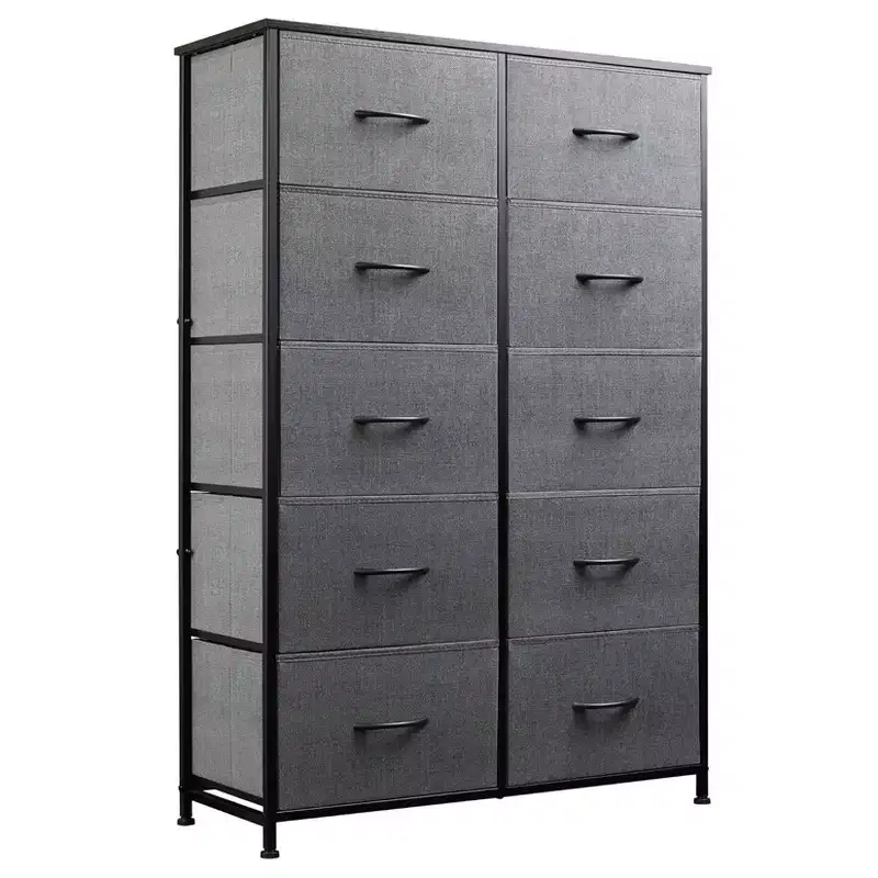 Metal Frame 10-Tier Fabric Drawer Cabinet, Gray Tall Vanity Storage Tower, Bedroom Living Room Closet Multifunctional Organizer