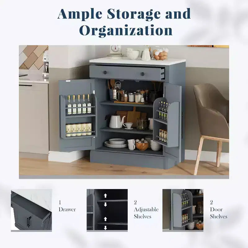 Freestanding Kitchen Pantry Cabinet with Faux Marble Top