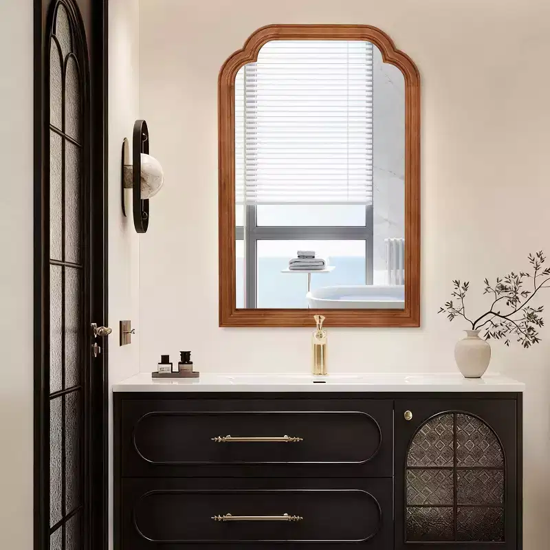 24x36 Solid Wood Frame Rounded Corner Decorative Wall Mirror, Bedroom Bathroom, Yellowish Brown