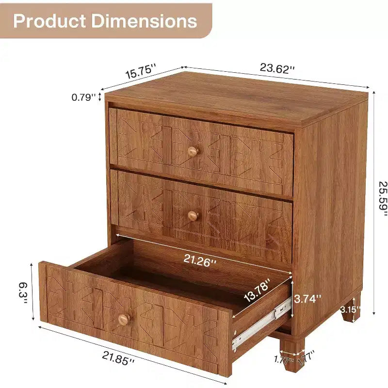 Farmhouse Nightstand with 3 Drawers - Industrial Bedside End Table, Brown