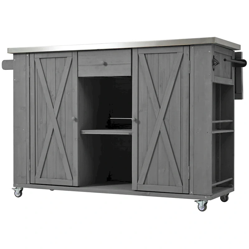 Outdoor Kitchen Island, Rustic Fir Wood with Stainless Steel Top and Smart Storage
