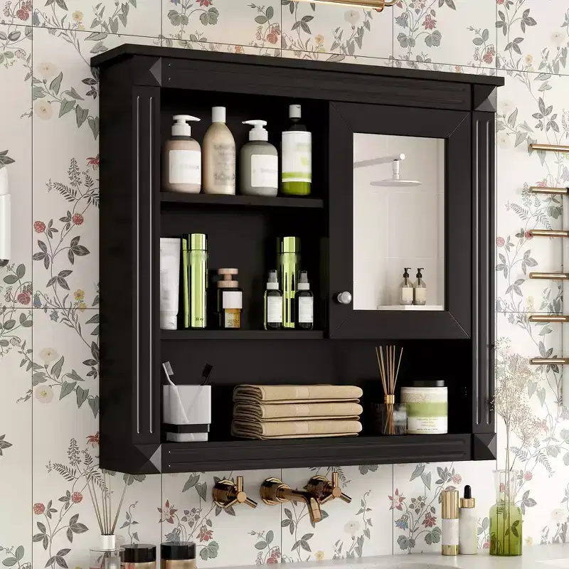 FAMYYT 32 in. W x 28 in. H Rectangular MDF Medicine Cabinet with Mirror, 5 Removable Shelves, Soft-closing Hinges