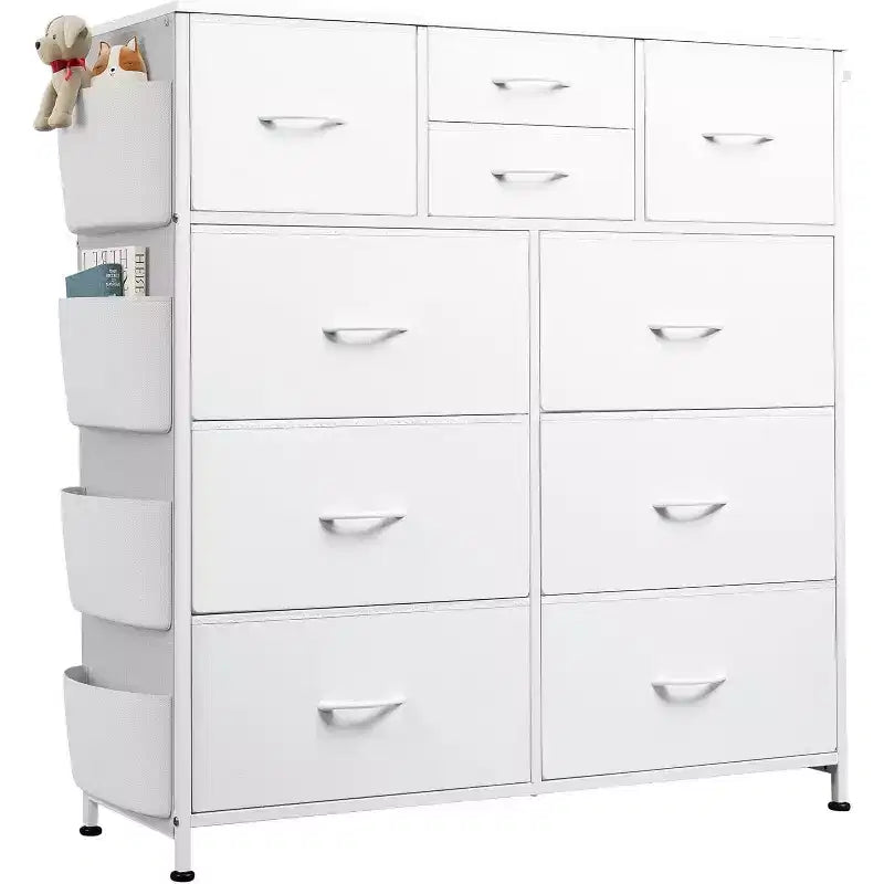 10-Drawer Storage Dresser with Side Pockets & Hooks for Bedroom, Living Room, Hallway, Closet, PU Finish, Sturdy Metal Frame, White