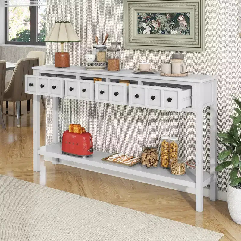 60 Rustic Console Table with 4 Drawers and Bottom Shelf, White