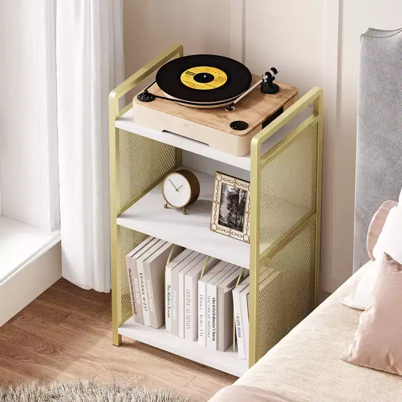 TROPOW Record Player Stand with Storage, Wooden Turntable Stand with Mesh Gold Metal Side, 3-Tier Golden Record Player Side Table