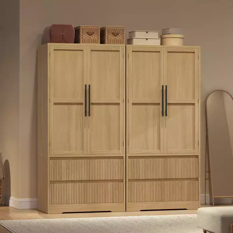 Tall Wardrobe Closet with Hanging Rod Drawers, 2-in-1 Storage Cabinet with Wood Doors for Bedroom, Large Capacity Organizer with Tip-Resistant Design