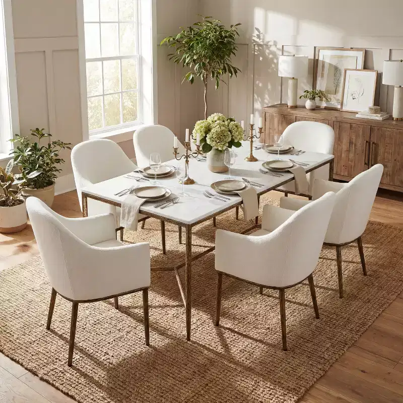 Christopher Knight Home Yvanna 7 Piece Industrial Luxe Hand-Forged Sintered Stone Dining Table with Upholstered Dining Arm Chairs
