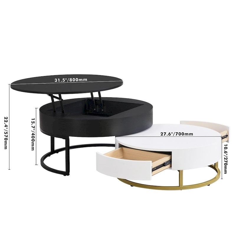 Modern Round Lift-Top Nesting Coffee Tables with Storage Drawers