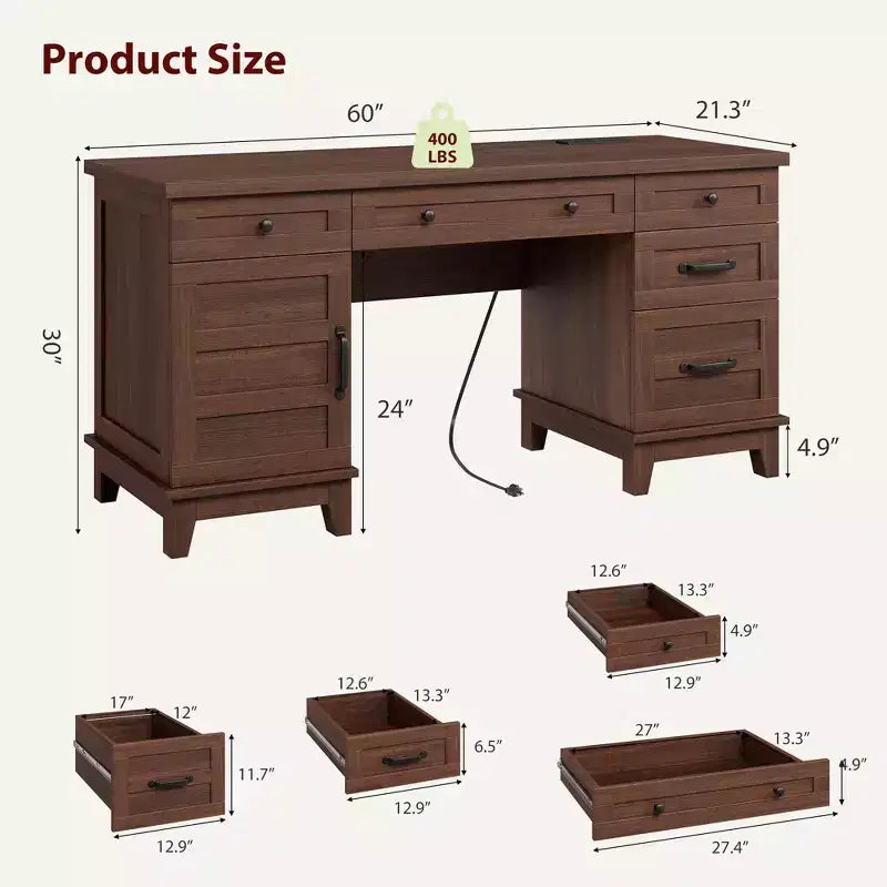 Executive Desk with File Drawers, Farmhouse Home Office Desk with Charging Station, 60 Wooden Computer Desk with Cabinet Storage for Work Study