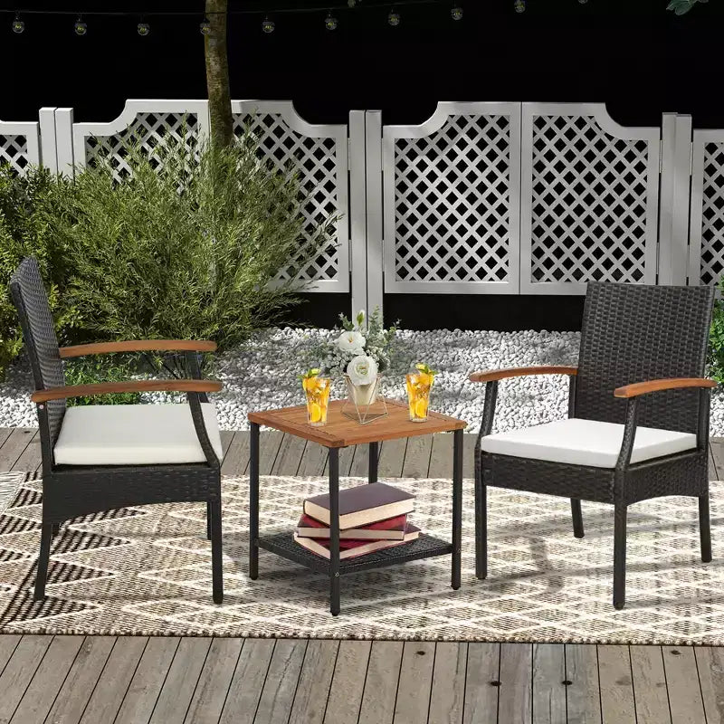 Costway Patio PE Wicker Chairs Acacia Wood Armrests with Soft Zippered Cushion Balcony