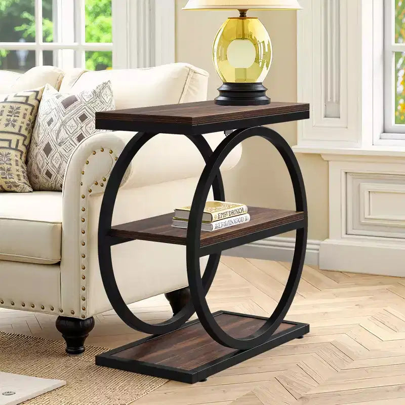 Rustic Industrial Side Table with 3-Tier Open Shelves - Set of 2
