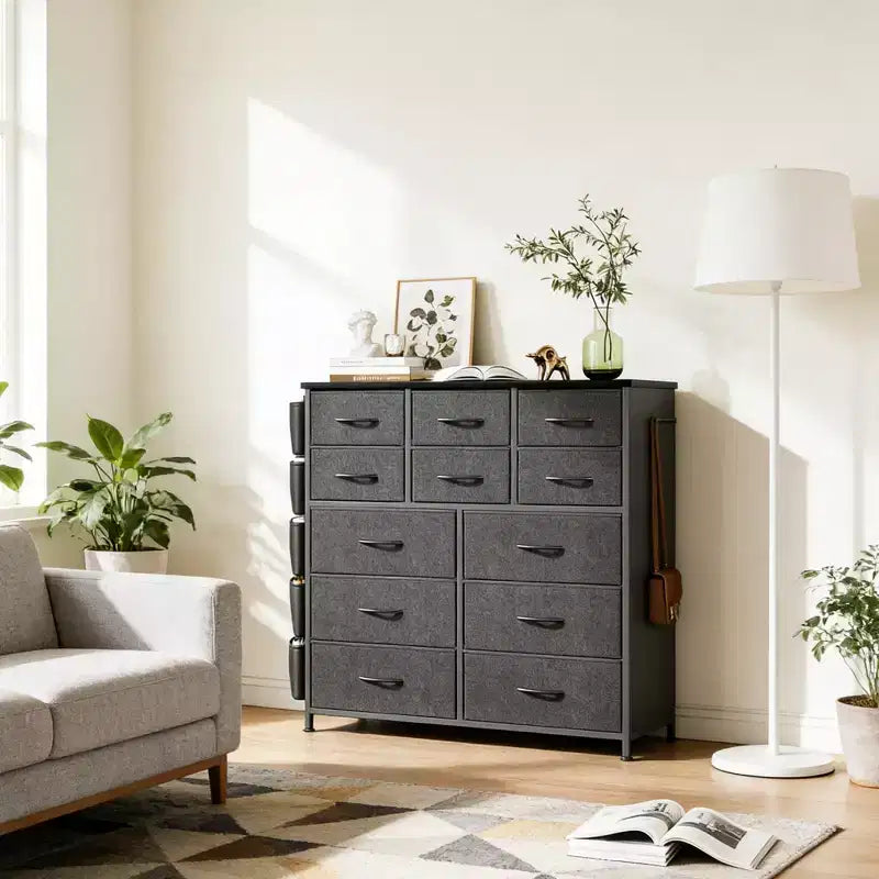 12-Drawer Fabric Dresser with Bins �C Tall Wood Top Storage Tower, Dark Gray