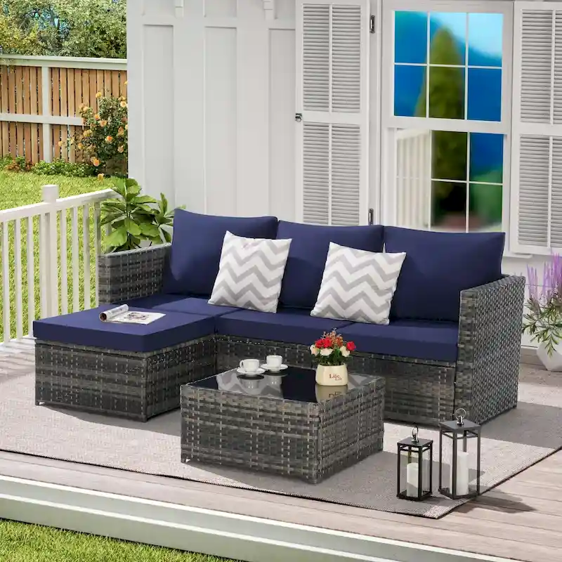 Outdoor Wicker L- Shaped 3-Seat Sofa Set with Ottoman and Coffee Table