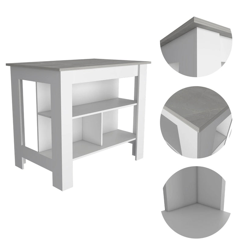Transitional Kitchen Island with Dark Onyx Top and 3 Open Shelves