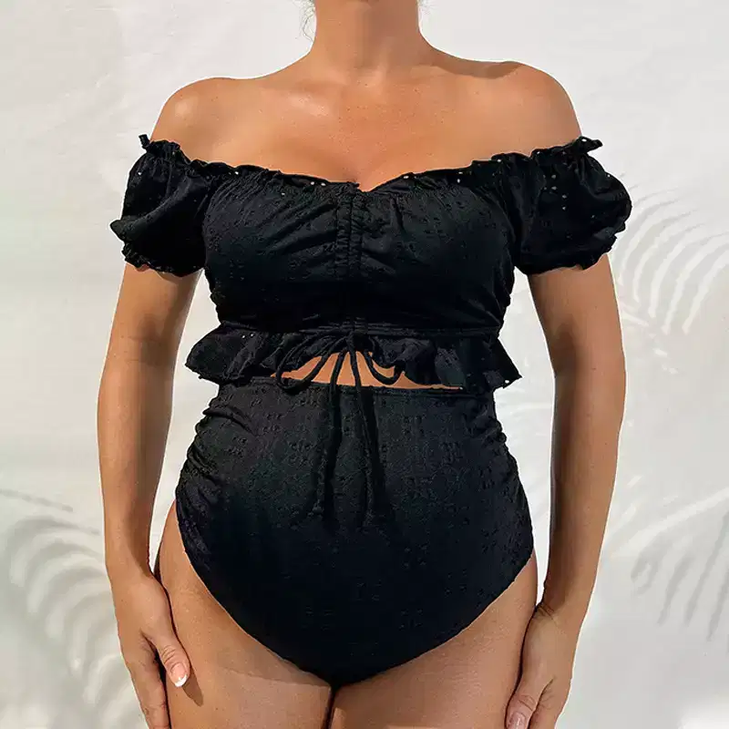 Coolmee Women's Maternity Two Piece Tankini Sets Off Shoulder Ruffle Drawstring High Waisted Textured Swimsuits