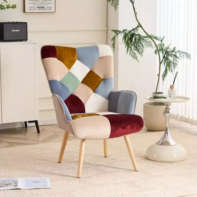 Patchwork Upholstered Accent Chair - Wingback Lounge Chair with Armrests